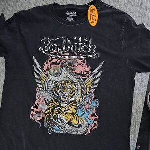 Von Dutch Black Tee with Tiger and Snake Graphic